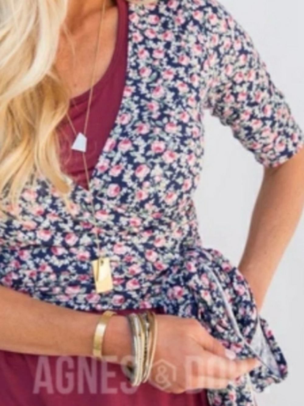 Agnes & Dora Navy Floral Wrap Tunic with Pink Blossoms